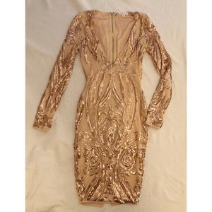 Agaci Rose Gold Sequin V Bodycon Long Sleeve S